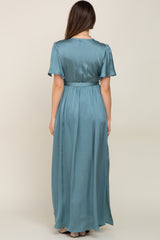 Teal Satin Wrap Front V-Neck Short Sleeve Side Slit Maternity Maxi Dress