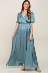 Teal Satin Wrap Front V-Neck Short Sleeve Side Slit Maternity Maxi Dress