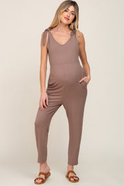 Brown Tie Strap Maternity Jumpsuit