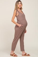 Brown Tie Strap Maternity Jumpsuit