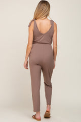 Brown Tie Strap Maternity Jumpsuit