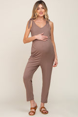 Brown Tie Strap Maternity Jumpsuit