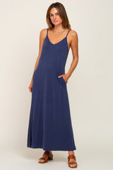 Navy Blue Sleeveless V-Neck Maxi Dress