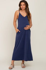 Navy Blue Sleeveless V-Neck Maternity Maxi Dress