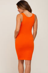 Orange Sleeveless Ribbed Knit Fitted Maternity Dress