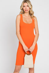 Orange Sleeveless Ribbed Knit Fitted Dress