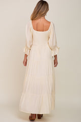 Cream Square Neck Button Front 3/4 Bell Sleeve Maternity Maxi Dress