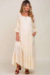 Cream Square Neck Button Front 3/4 Bell Sleeve Maternity Maxi Dress