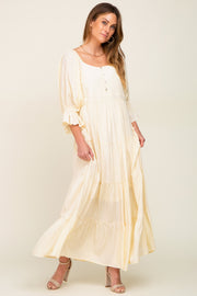 Cream Square Neck Button Front 3/4 Bell Sleeve Maxi Dress