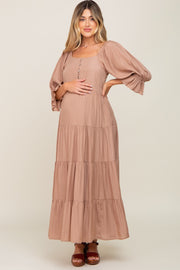 Mocha Square Neck Button Front 3/4 Bell Sleeve Maternity Maxi Dress