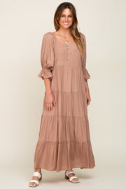 Mocha Square Neck Button Front 3/4 Bell Sleeve Maxi Dress