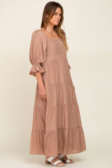 Mocha Square Neck Button Front 3/4 Bell Sleeve Maxi Dress