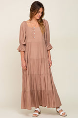 Mocha Square Neck Button Front 3/4 Bell Sleeve Maxi Dress