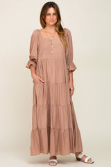 Mocha Square Neck Button Front 3/4 Bell Sleeve Maxi Dress