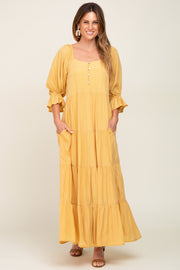 Yellow Square Neck Button Front 3/4 Bell Sleeve Maxi Dress