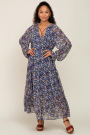 Navy Blue Floral Chiffon Ruffle Long Sleeve Maxi Dress