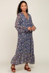 Navy Blue Floral Chiffon Ruffle Long Sleeve Maxi Dress