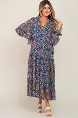 Navy Blue Floral Chiffon Ruffle Long Sleeve Maternity Maxi Dress