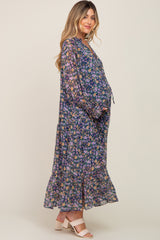 Navy Blue Floral Chiffon Ruffle Long Sleeve Maternity Maxi Dress