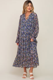 Navy Blue Floral Chiffon Ruffle Long Sleeve Maternity Maxi Dress