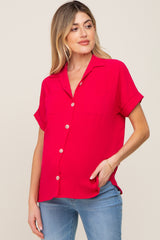 Fuchsia Collared Button-Down Short Sleeve Maternity Blouse