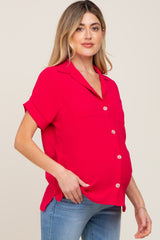 Fuchsia Collared Button-Down Short Sleeve Maternity Blouse