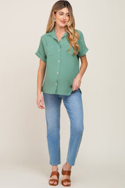 Green Collared Button-Down Short Sleeve Maternity Blouse