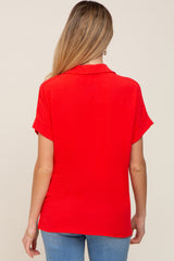 Red Collared Button-Down Short Sleeve Maternity Blouse