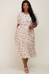 Ivory Floral Chiffon Pleated Short Sleeve Maternity Plus Midi Dress