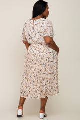 Ivory Floral Chiffon Pleated Short Sleeve Maternity Plus Midi Dress