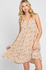 Peach Floral Button Front Sleeveless Babydoll Dress