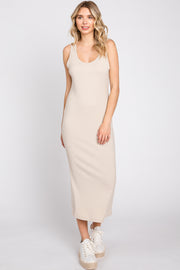 Beige Ribbed Back Tie Midi Dress