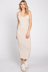 Beige Ribbed Back Tie Maternity Midi Dress