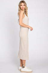 Beige Ribbed Back Tie Midi Dress