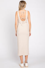 Beige Ribbed Back Tie Midi Dress