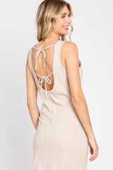 Beige Ribbed Back Tie Midi Dress