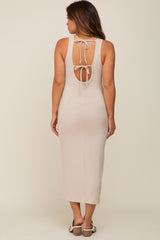 Beige Ribbed Back Tie Maternity Midi Dress