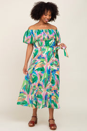 Multi Color Printed Off Shoulder Midi Dress