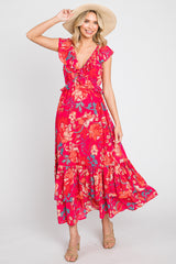 Coral Floral Chiffon Ruffle V-Neck Maxi Dress