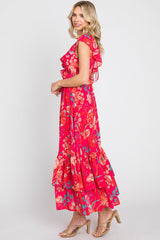 Coral Floral Chiffon Ruffle V-Neck Maxi Dress