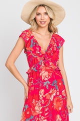 Coral Floral Chiffon Ruffle V-Neck Maxi Dress