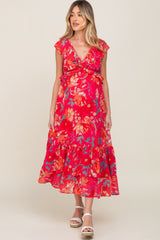 Coral Floral Chiffon Ruffle V-Neck Maternity Maxi Dress