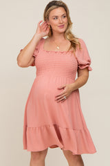 Coral Smocked Ruffle Trim Plus Maternity Dress