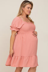 Coral Smocked Ruffle Trim Plus Maternity Dress