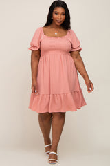 Coral Smocked Ruffle Trim Plus Maternity Dress