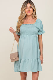 Mint Smocked Ruffle Trim Maternity Dress