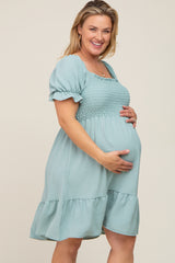 Mint Smocked Ruffle Trim Plus Maternity Dress