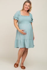 Mint Smocked Ruffle Trim Plus Maternity Dress