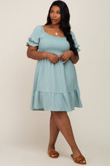 Mint Smocked Ruffle Trim Plus Dress