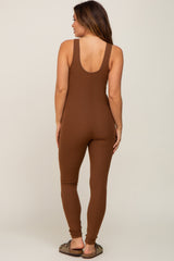 Brown Ribbed Bodycon Maternity Jumpsuit